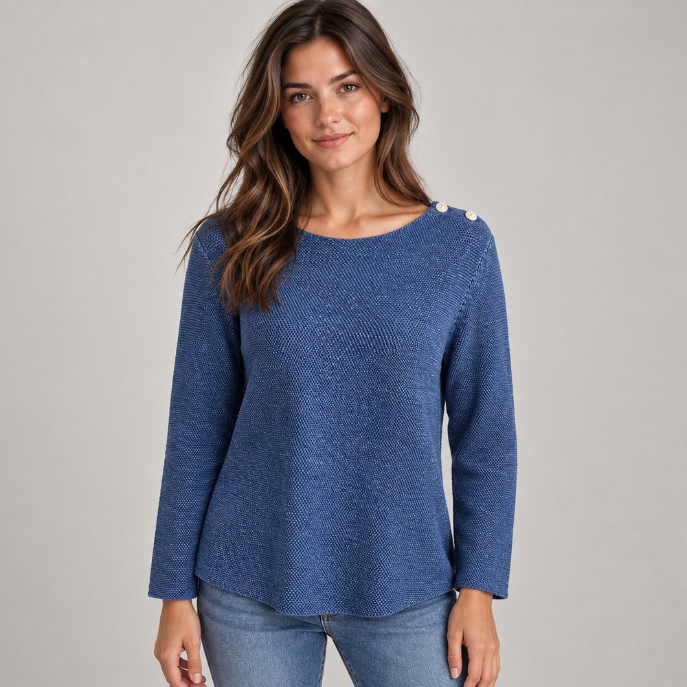 Saint James Blue Textured Cotton Knit Shoulder Button Boat Neck Top USA 8 S
